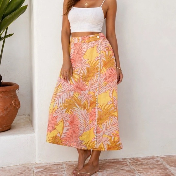 Tahari Dresses & Skirts - Tahari Womens 100% Linen Tropical Palm Print Wrap Midi Skirt Yellow Pink Size M